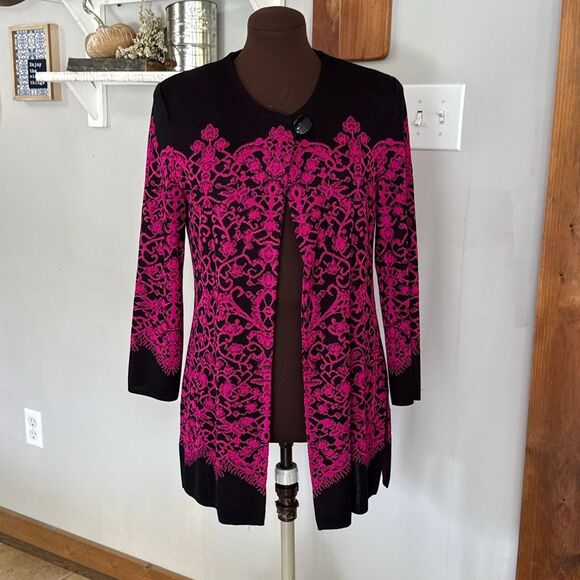Misook jacquard knit open cardigan sweater womens size small black pink lace pat - Picture 1 of 9